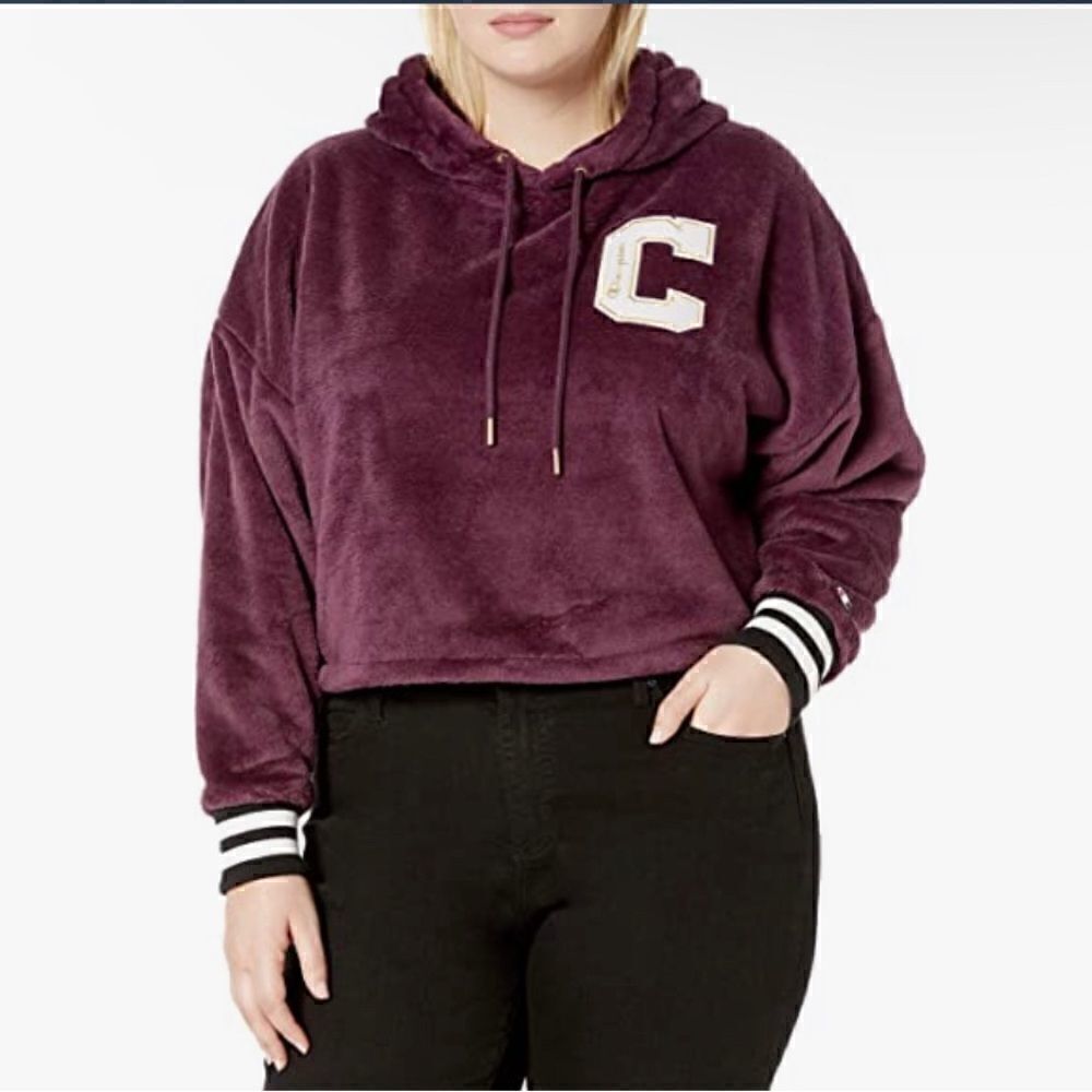 Champion Super Fleece Faux Fur Cropped Cut Off Po Hood-Felt C Sweatshirt